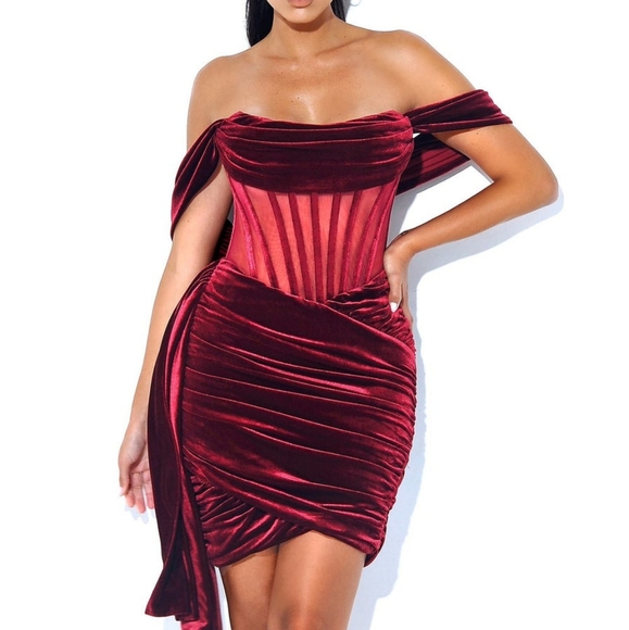 Burgundy Velvet Off Shoulder Corset Dress - Picture 5 of 10